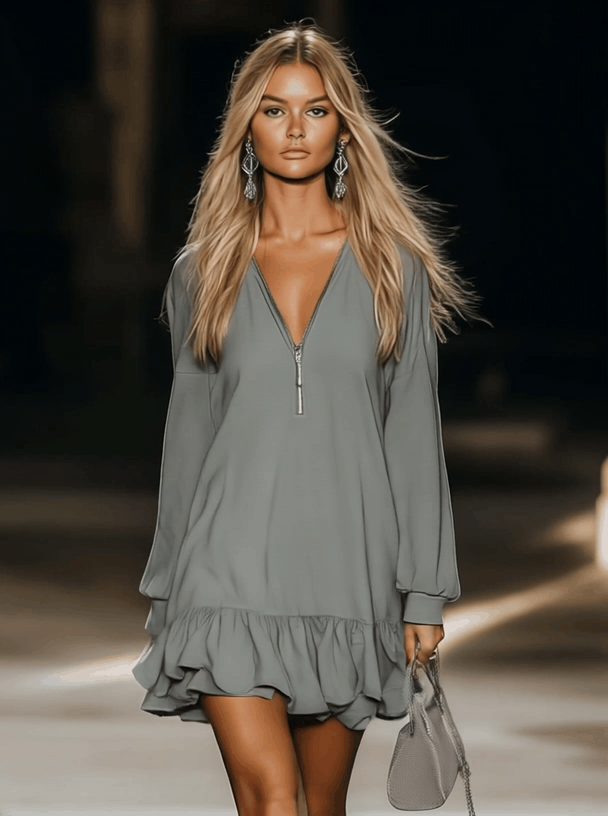 Clara | Mujer Vestido Mini Escote Pico Cremallera Manga Larga