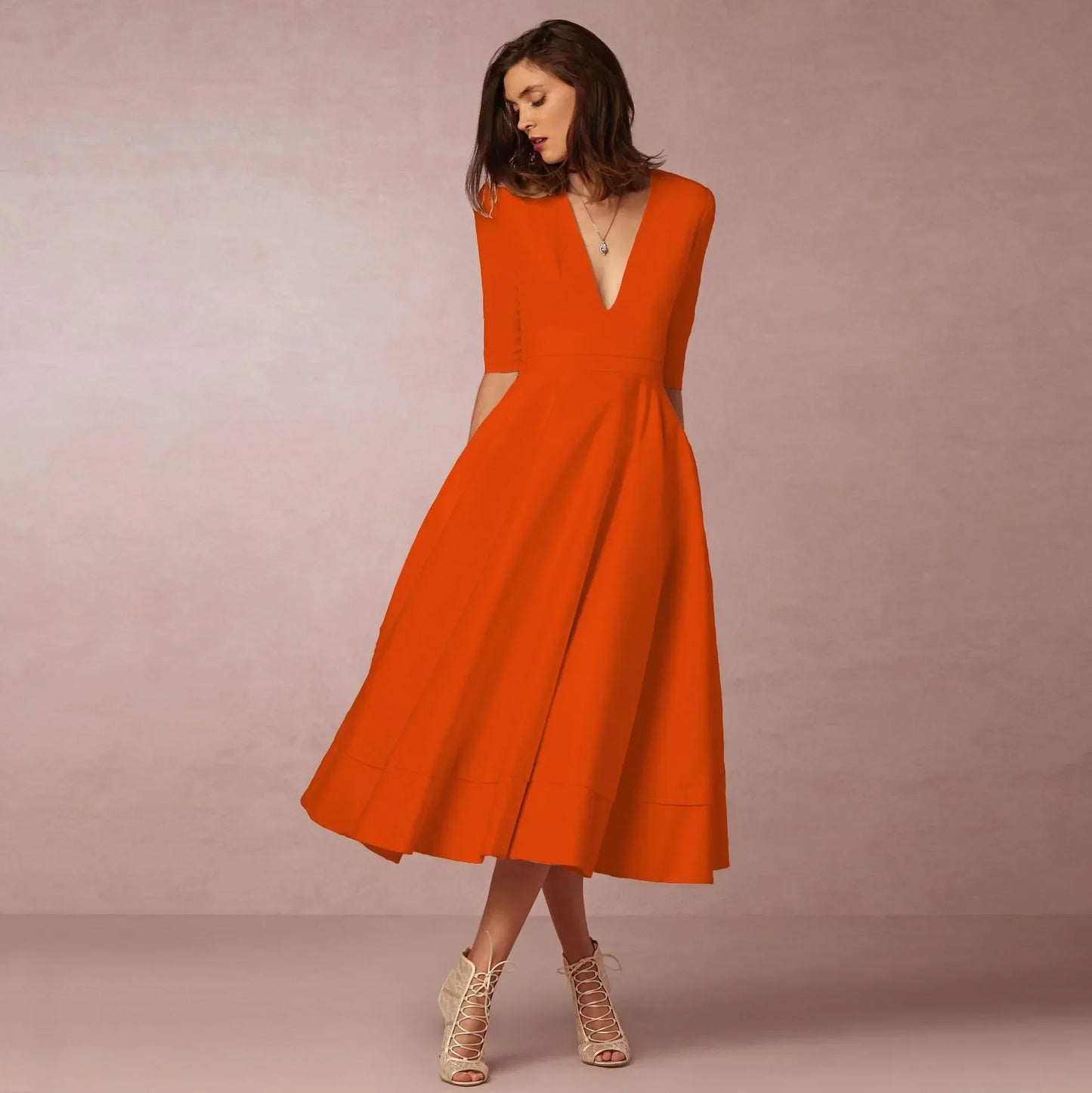 Vestido midi con escote en V y mangas al codo para mujer – MARIELA