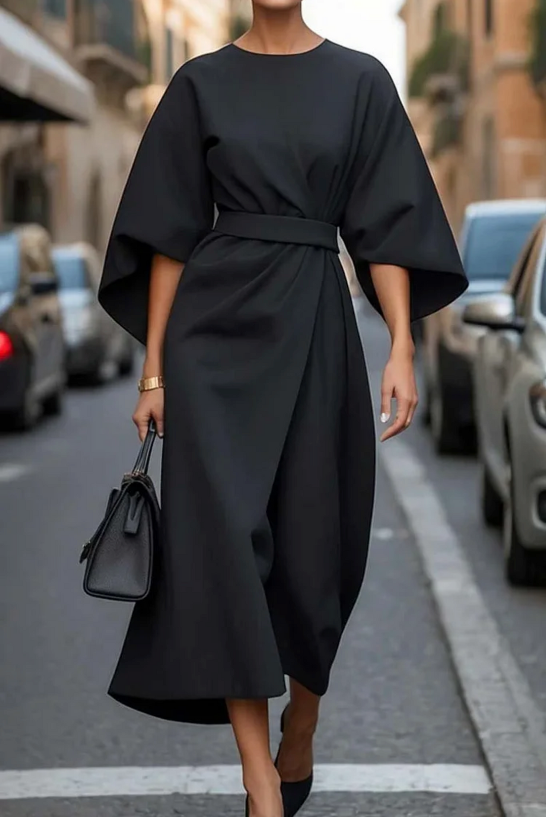 Naiara | Vestido elegante para mujer con mangas farol y cinturón