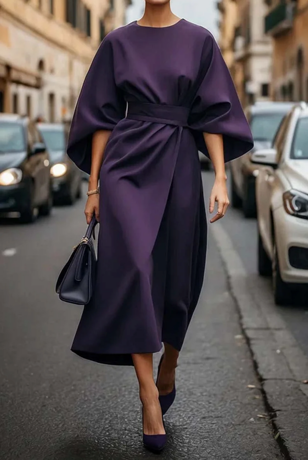 Naiara | Vestido elegante para mujer con mangas farol y cinturón