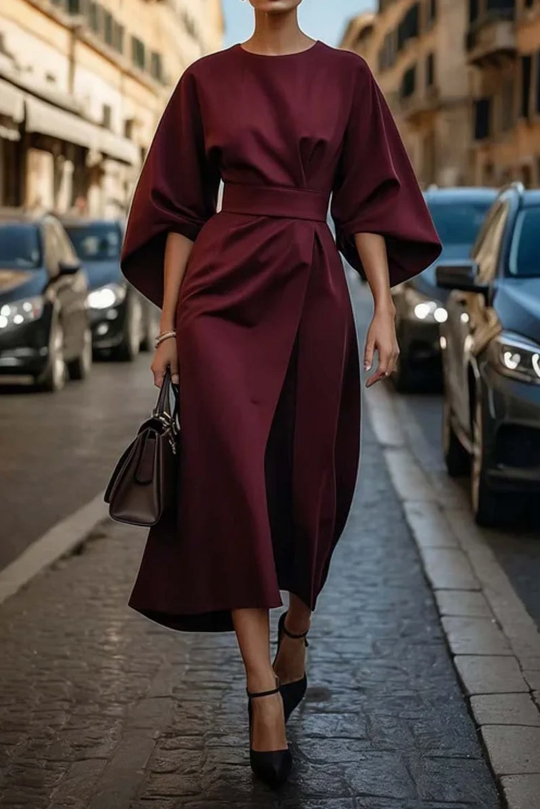 Naiara | Vestido elegante para mujer con mangas farol y cinturón