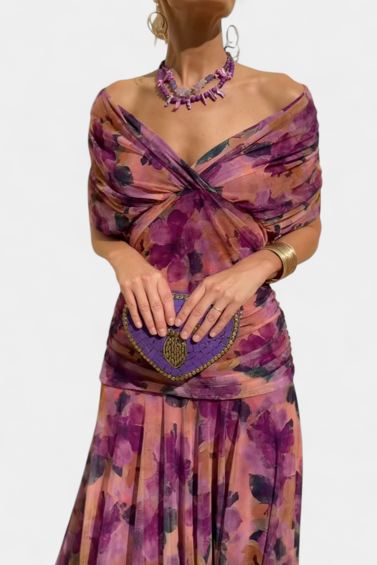 Iselina | Vestido largo fruncido para mujer con escote en V elegante | Fluido
