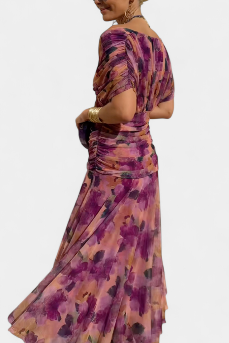 Iselina | Vestido largo fruncido para mujer con escote en V elegante | Fluido