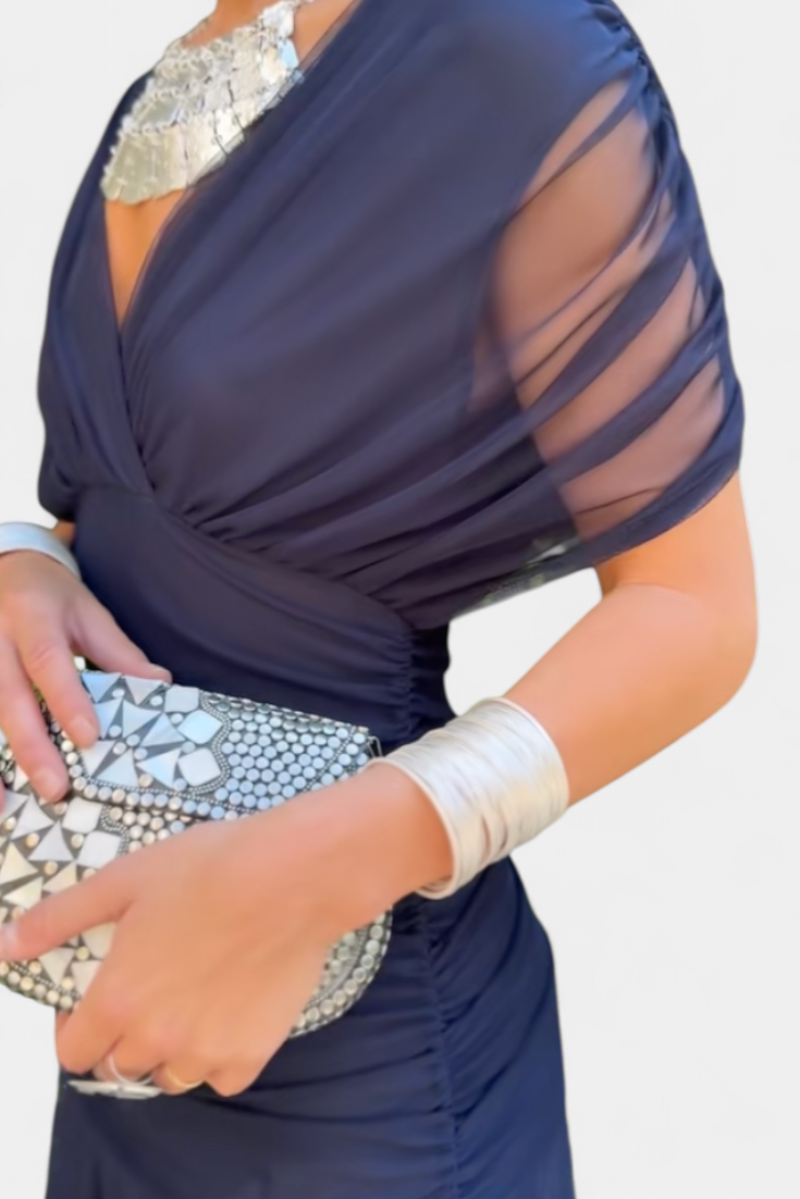 Iselina | Vestido largo fruncido para mujer con escote en V elegante | Fluido