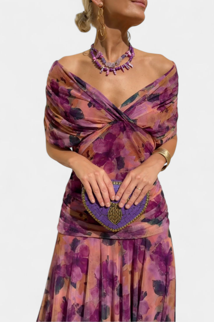 Iselina | Vestido largo fruncido para mujer con escote en V elegante | Fluido