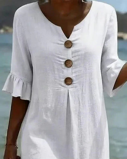 Vestido de lino con manga abullonada para mujer - fresco y elegante