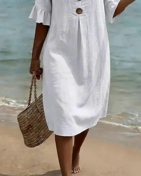 Vestido de lino con manga abullonada para mujer - fresco y elegante