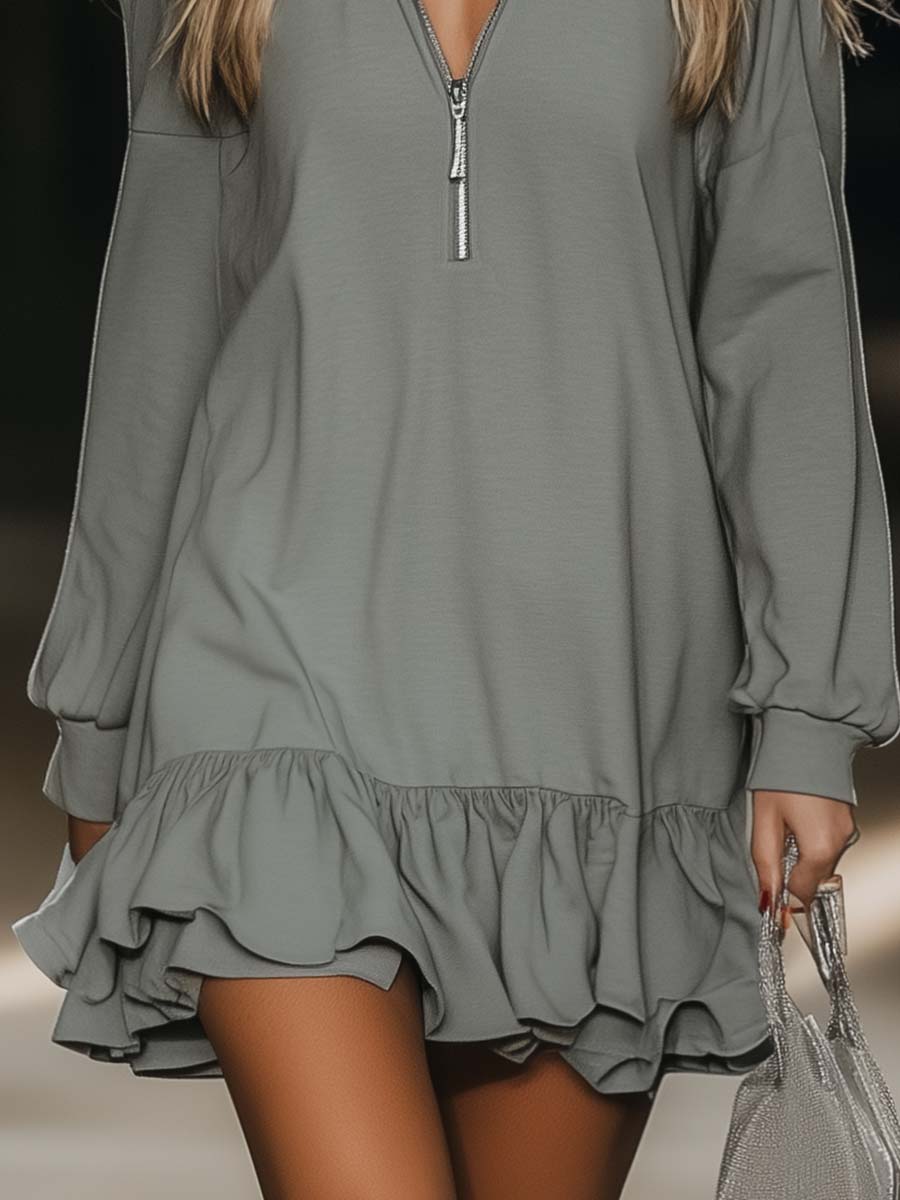 Clara | Mujer Vestido Mini Escote Pico Cremallera Manga Larga
