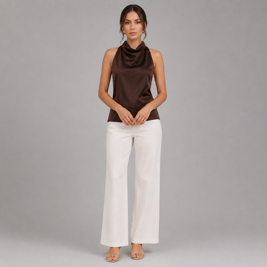 SERENA – Top satinado de tirante halter en marrón