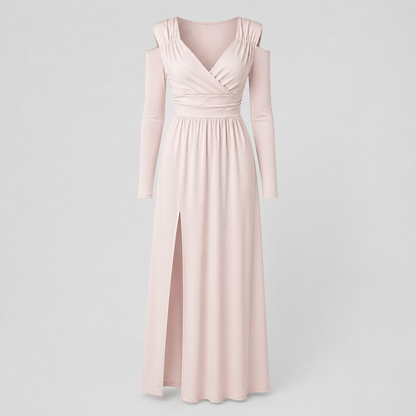 Vestido largo cruzado con abertura lateral y escote en V para invitada de boda – AMARA
