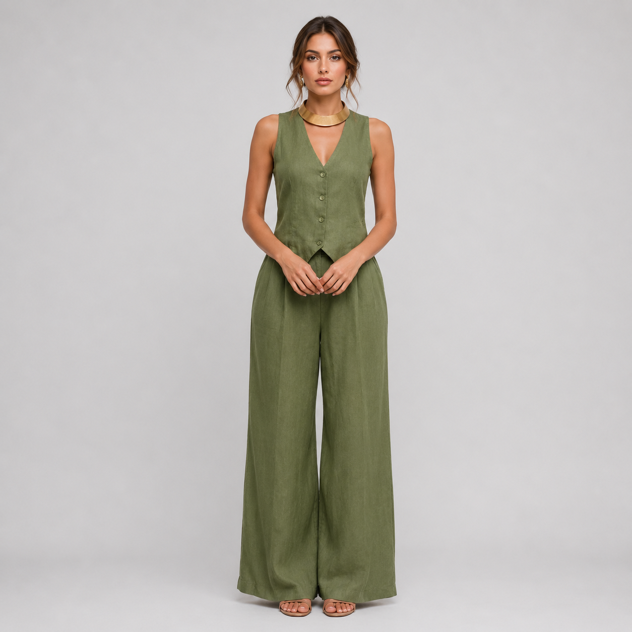 Amara – Conjunto elegante de dos piezas con pantalón fluido y chaleco estructurado para mujer