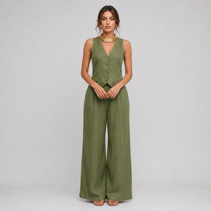 Amara – Conjunto elegante de dos piezas con pantalón fluido y chaleco estructurado para mujer