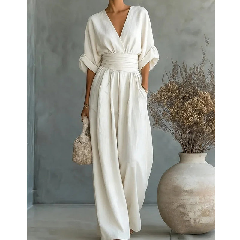 Mono mujer elegante escote V – mono pantalón ancho cintura alta