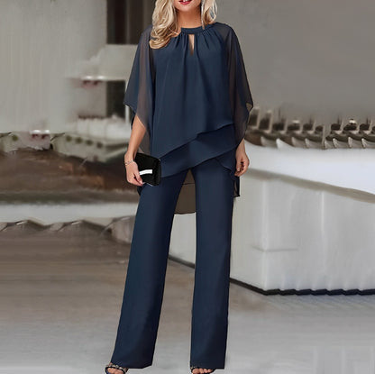 Celestina – Conjunto elegante de dos piezas con top de capa fluida y pantalones de pierna ancha para mujer