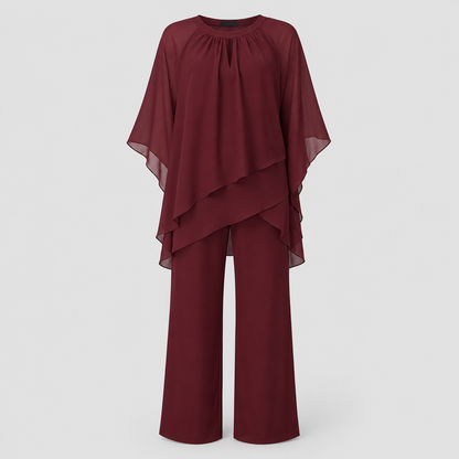 Celestina – Conjunto elegante de dos piezas con top de capa fluida y pantalones de pierna ancha para mujer