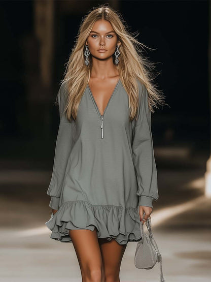 Clara | Mujer Vestido Mini Escote Pico Cremallera Manga Larga