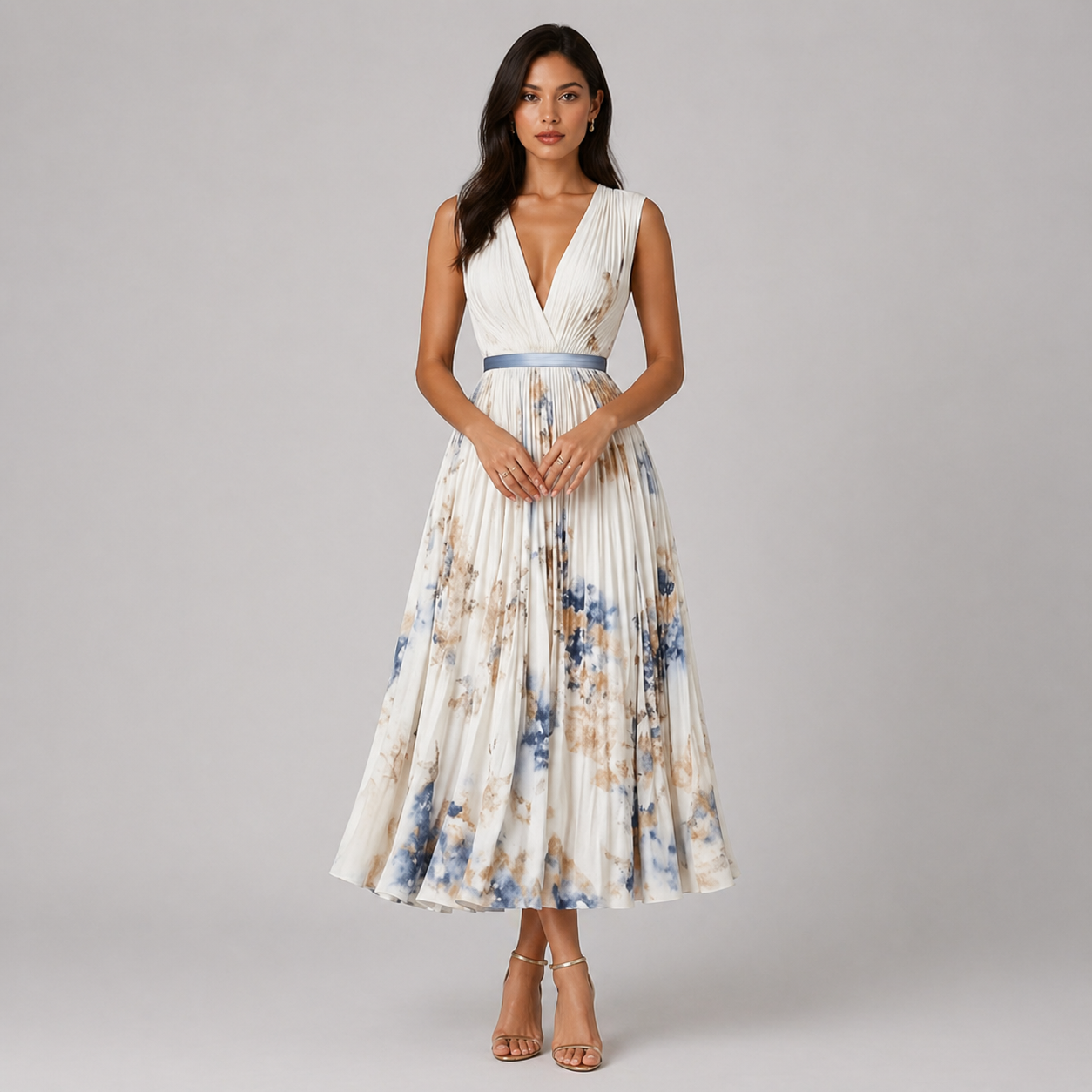 Vestido largo floral con escote en V y falda plisada para invitada de boda – FLORENCE VÉRA