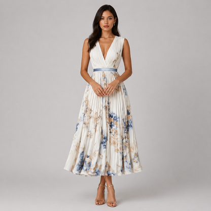 Vestido largo floral con escote en V y falda plisada para invitada de boda – FLORENCE VÉRA