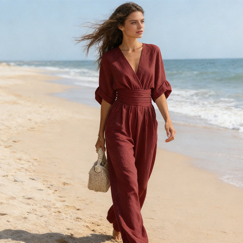 Mono mujer elegante escote V – mono pantalón ancho cintura alta
