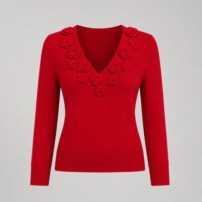 Florencia – Top de punto ceñido con escote en V y flores 3D para mujer