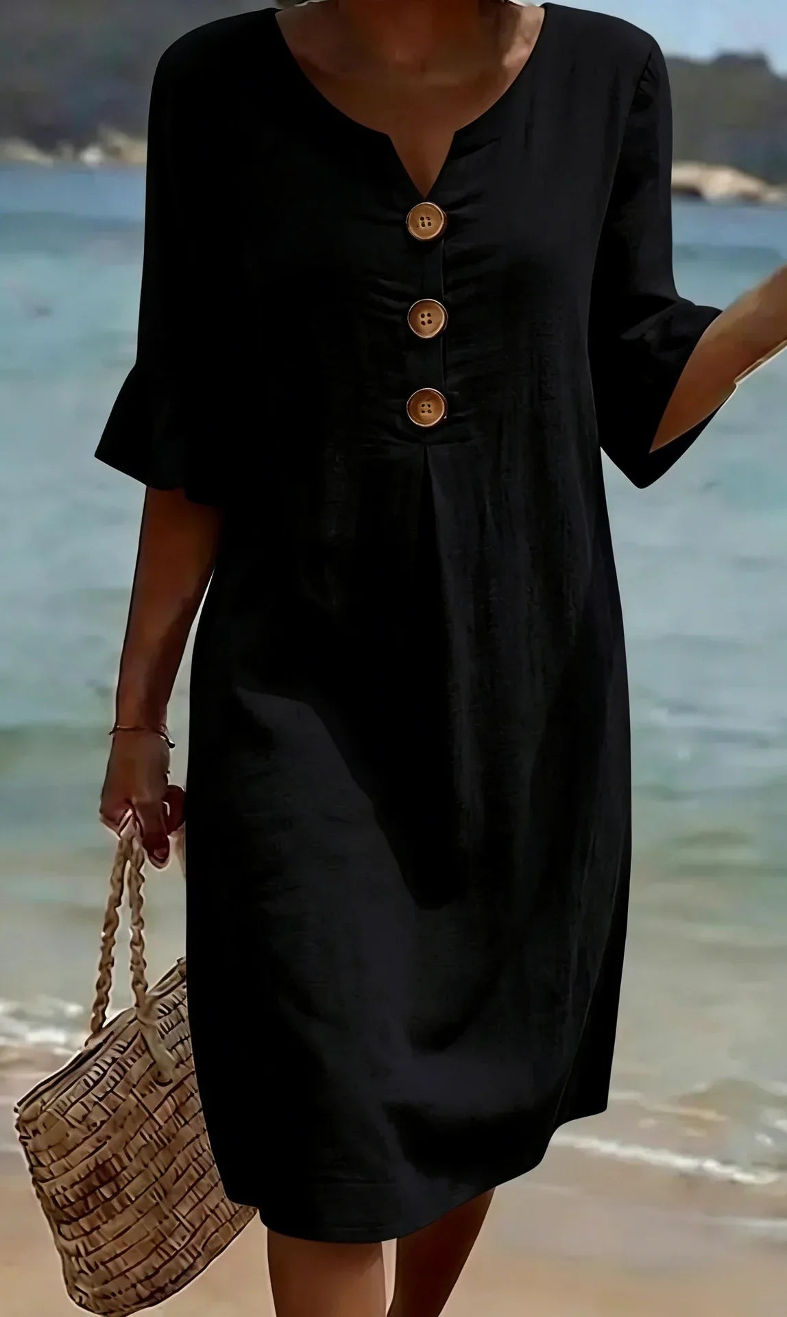 Vestido de lino con manga abullonada para mujer - fresco y elegante