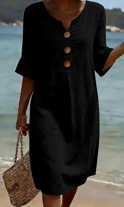 Vestido de lino con manga abullonada para mujer - fresco y elegante
