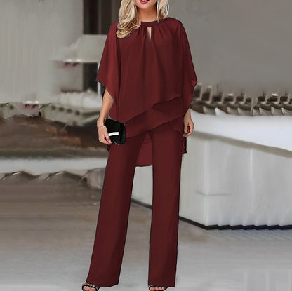 Celestina – Conjunto elegante de dos piezas con top de capa fluida y pantalones de pierna ancha para mujer