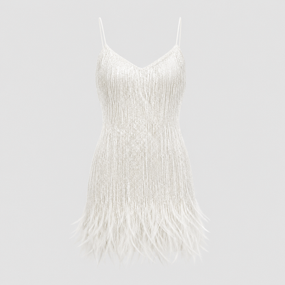 Vestido corto de cóctel mujer con detalles de plumas, estilo sofisticado