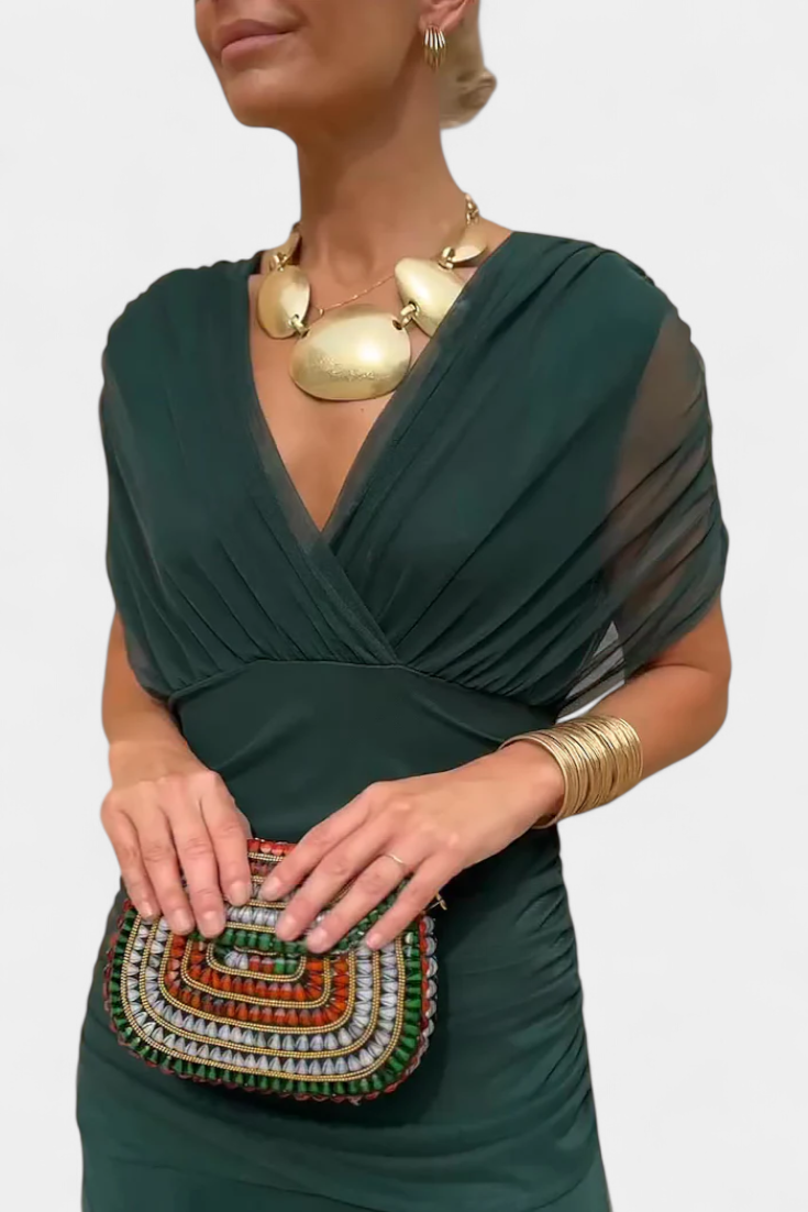 Iselina | Vestido largo fruncido para mujer con escote en V elegante | Fluido