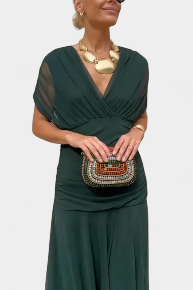 Iselina | Vestido largo fruncido para mujer con escote en V elegante | Fluido