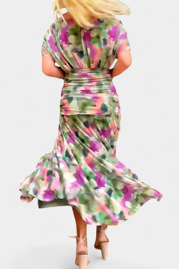Iselina | Vestido largo fruncido para mujer con escote en V elegante | Fluido