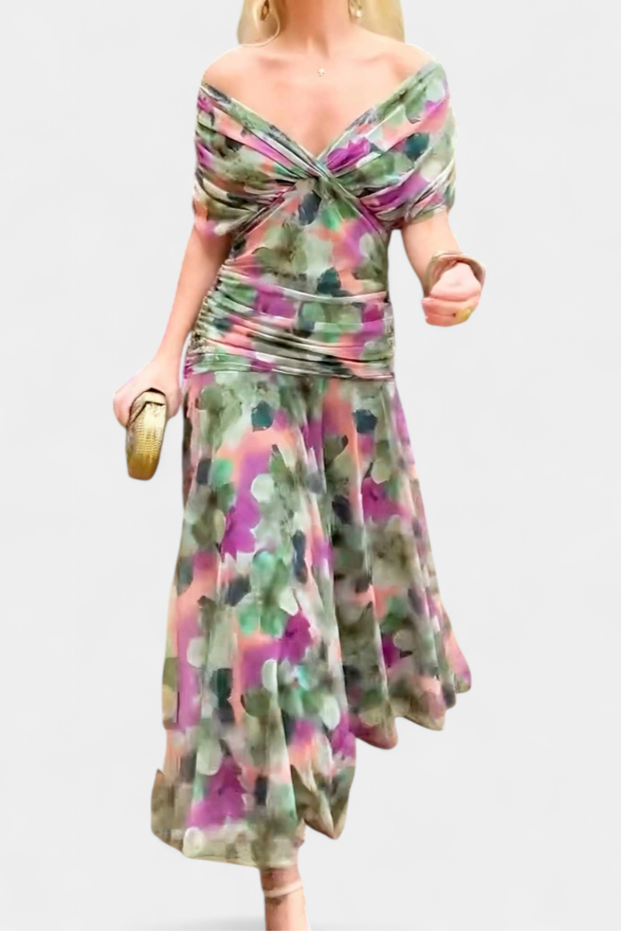 Iselina | Vestido largo fruncido para mujer con escote en V elegante | Fluido