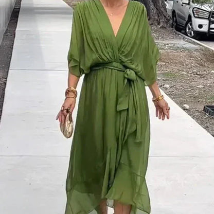 Vestido cruzado midi con cinturón y escote en pico – NAELLA