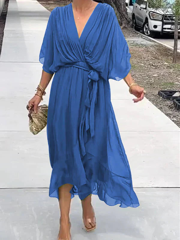 Vestido cruzado midi con cinturón y escote en pico – NAELLA