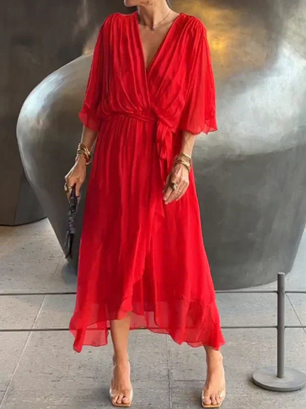 Vestido cruzado midi con cinturón y escote en pico – NAELLA